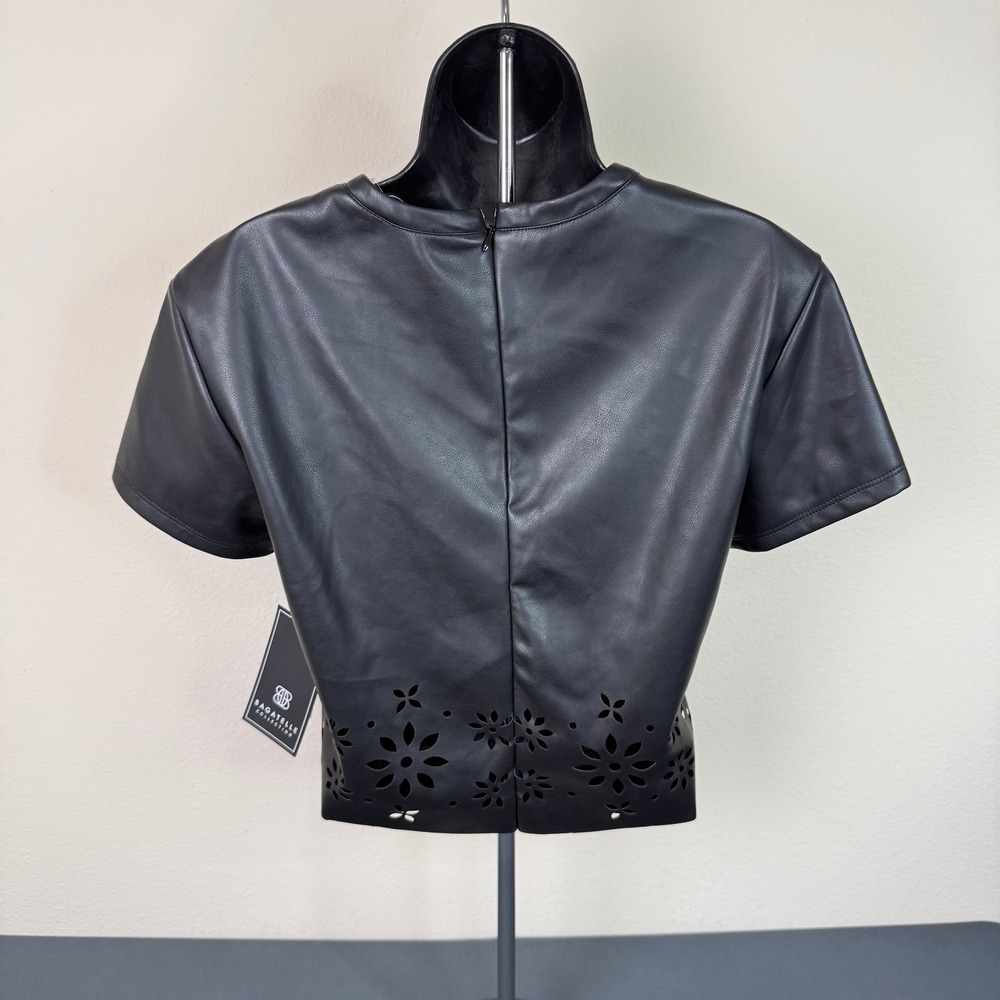 Bagatelle Collection Top Womens XS Black Faux Leather Laser Cut Floral Eyelet - Picture 6 of 7